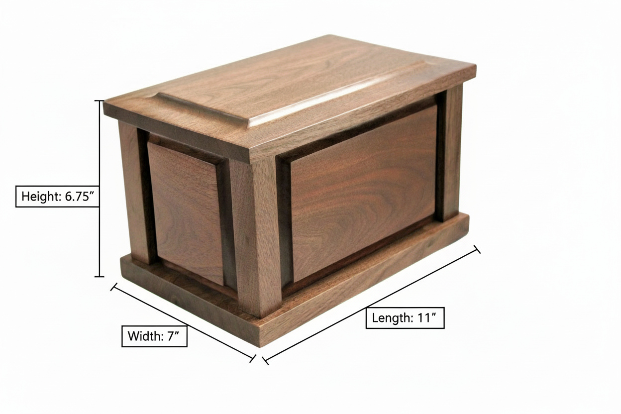 Wooden cremation urn with corrected dimensions